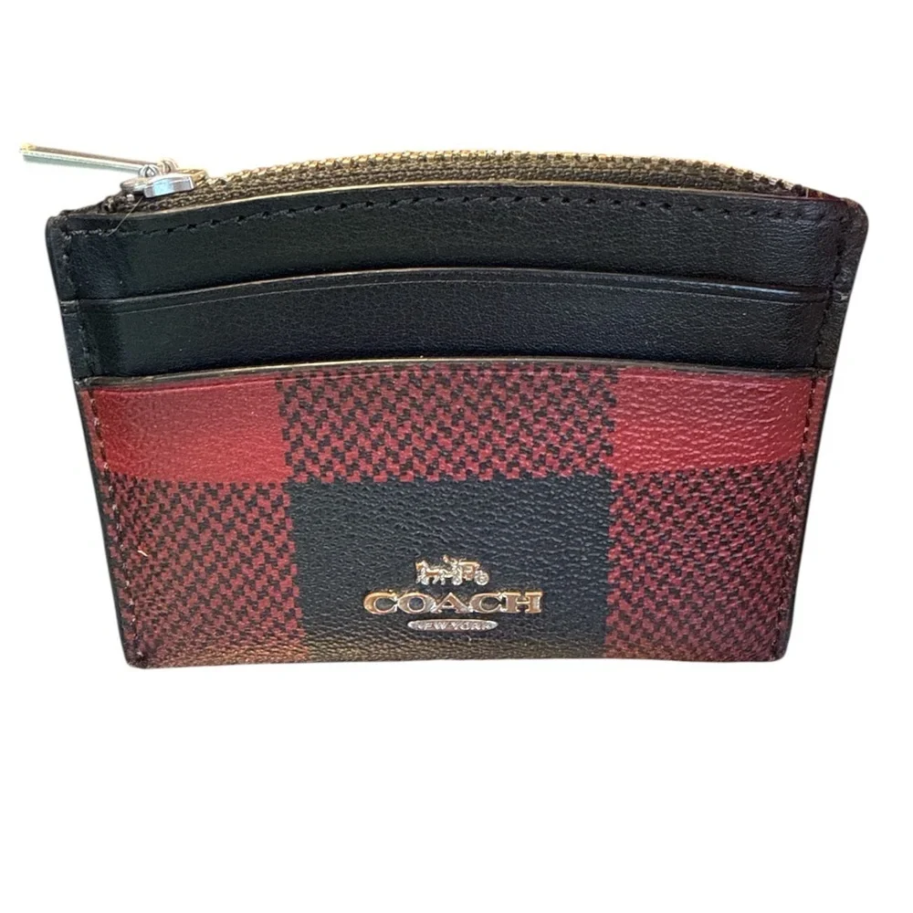 Coach Plaid Card Holder in Black and Red buffalo wallet designer coin clutch